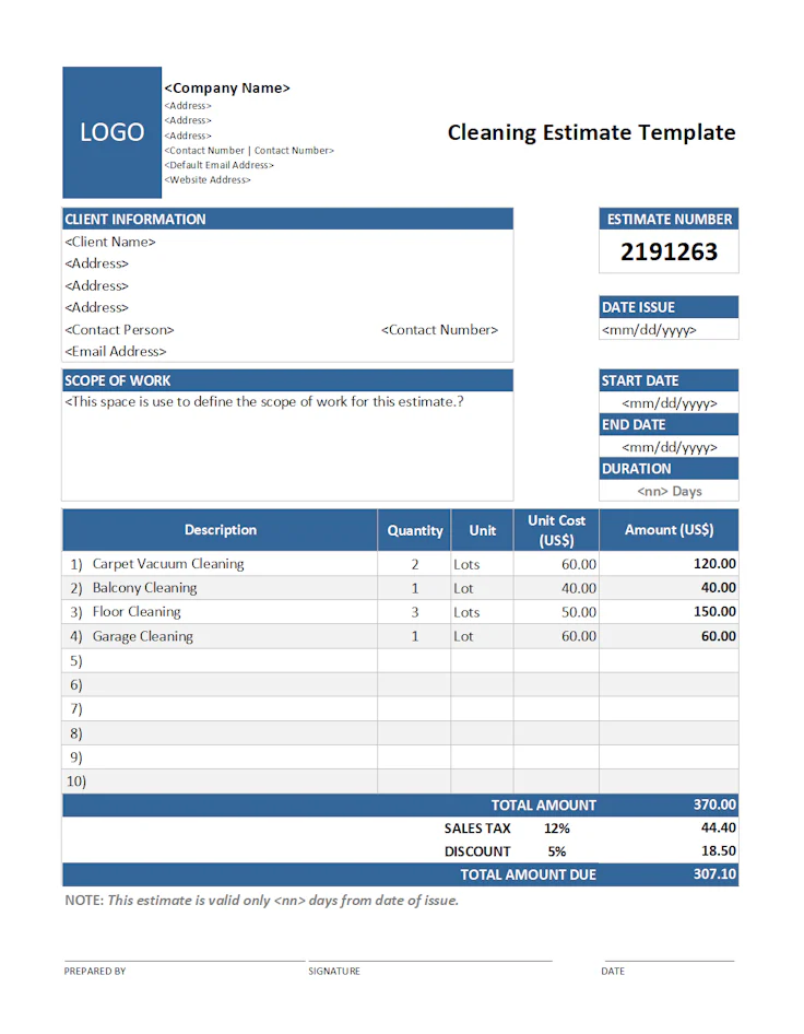 Estimate template example