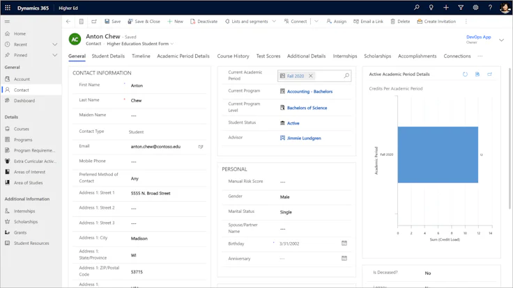 Micrsoft Dynamics 365 interface School CRM