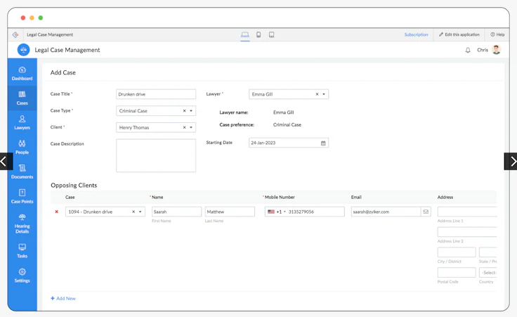 Zoho Legal Case interface Law firm CRM