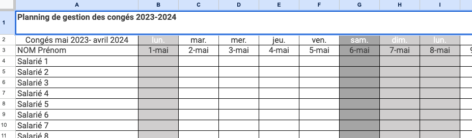 Exemple planning congés Excel 2023
