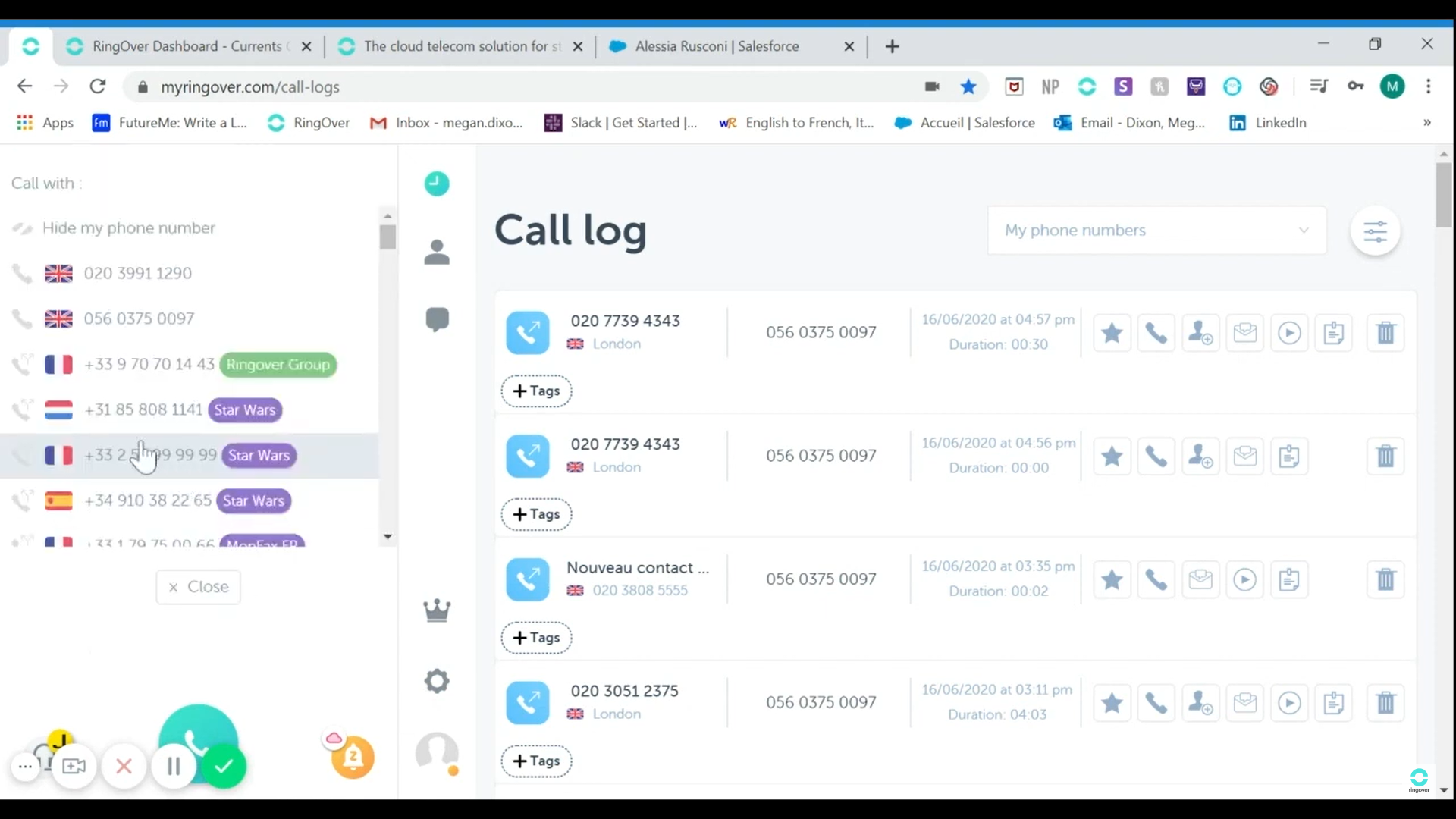 Ringover interface cloud phone system