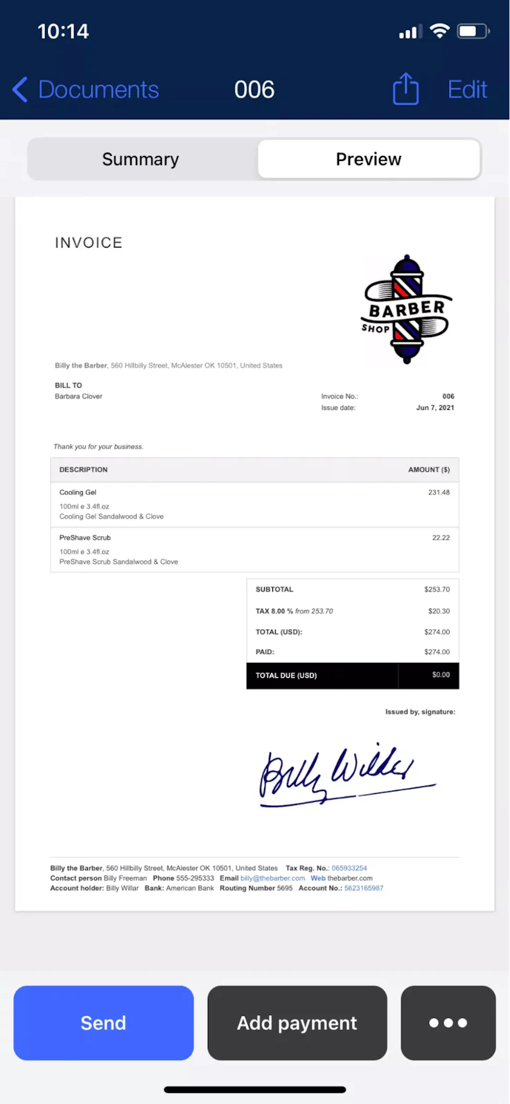 Billdu interface Mobile invoicing software