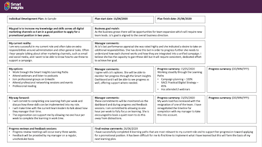 Exemple de plan de développement des compétences : SmartInsights