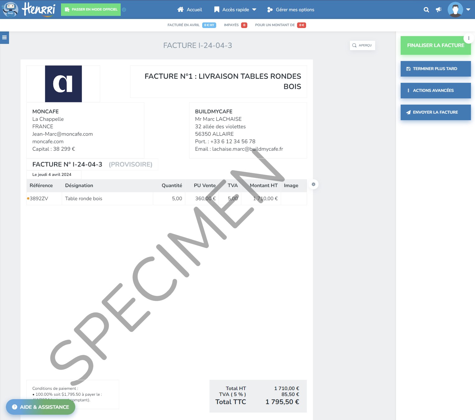 Aperçu de l'interface de création de factures de Henrri
