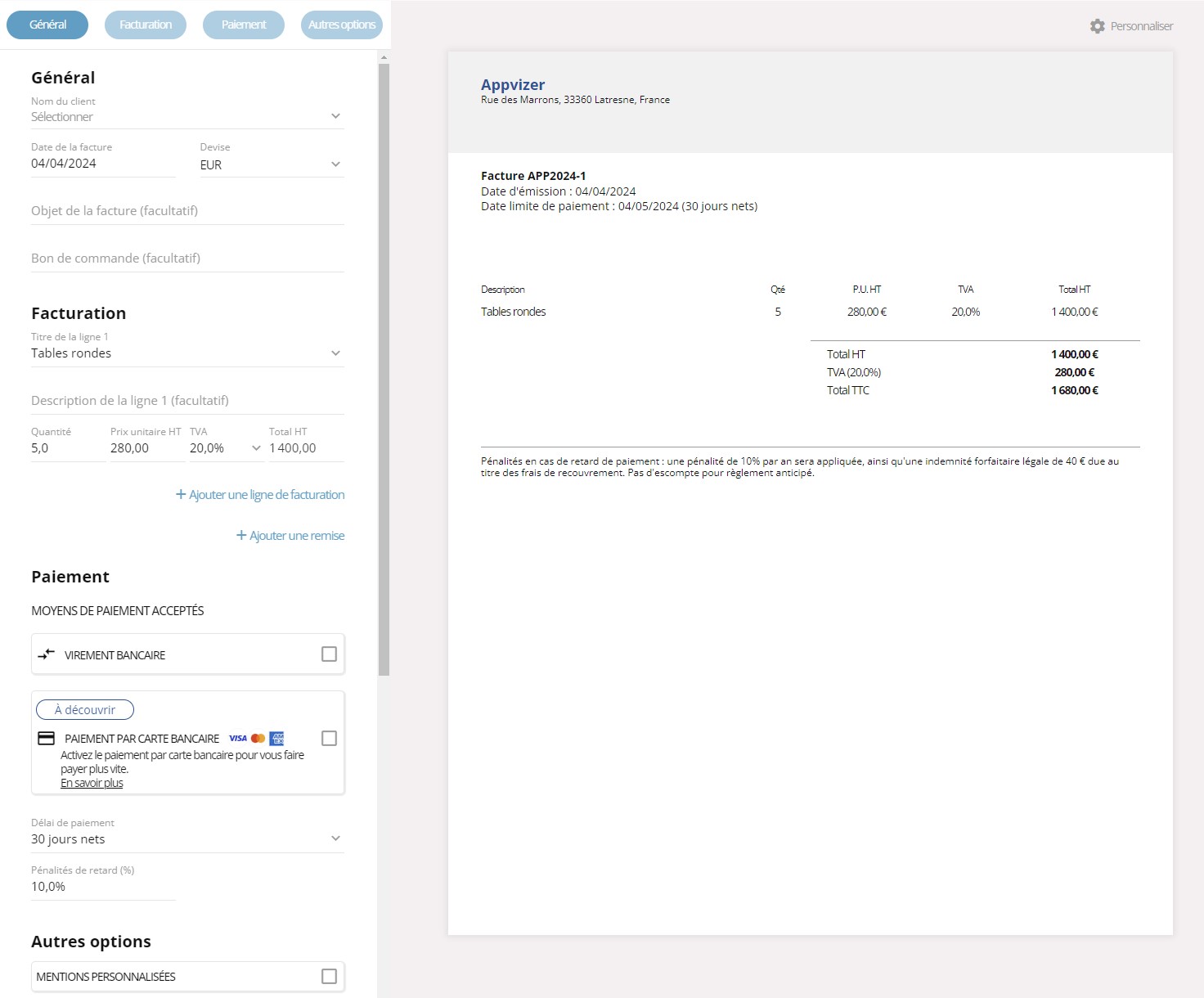 Aperçu de l'interface de création de factures dans Magnivpro
