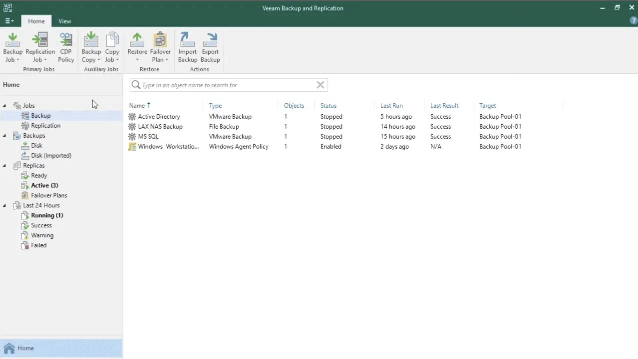 Interface proposée par le logiciel Veeam