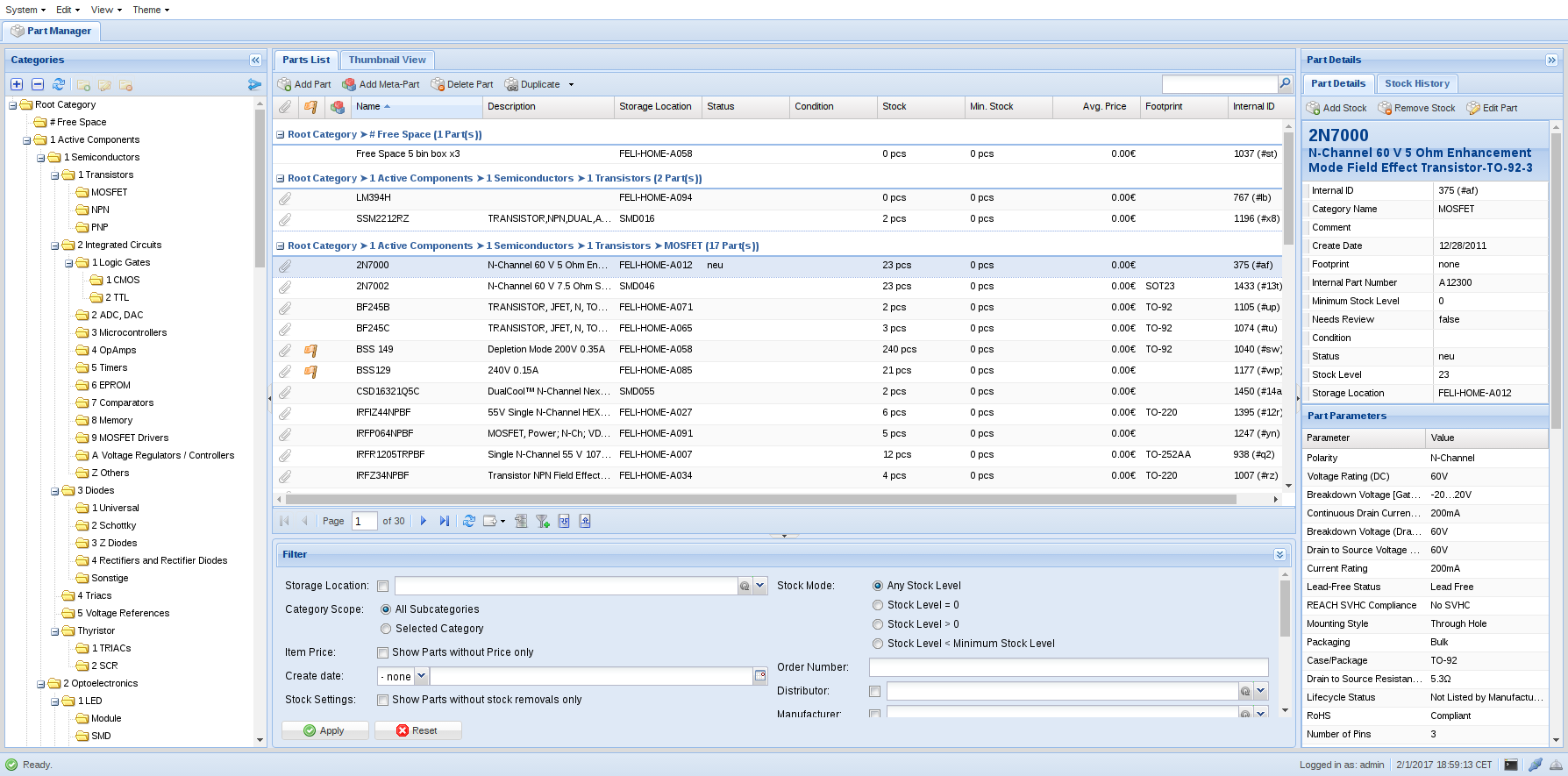 Capture d'écran du logiciel PartKeeper