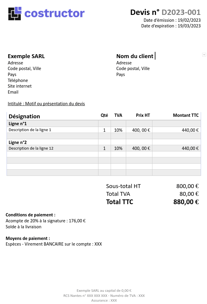 Exemple d'un devis