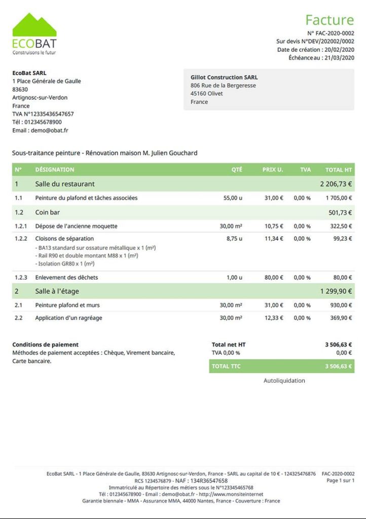 Autoliquidation de la TVA : exemple de facture