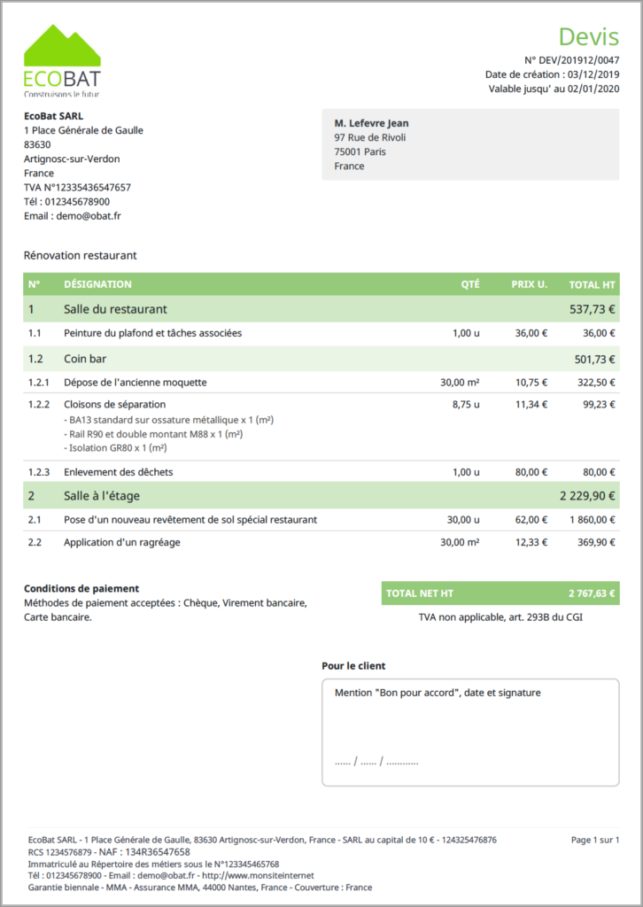 exemple de devis auto-entrepreneur pour une prestation de service