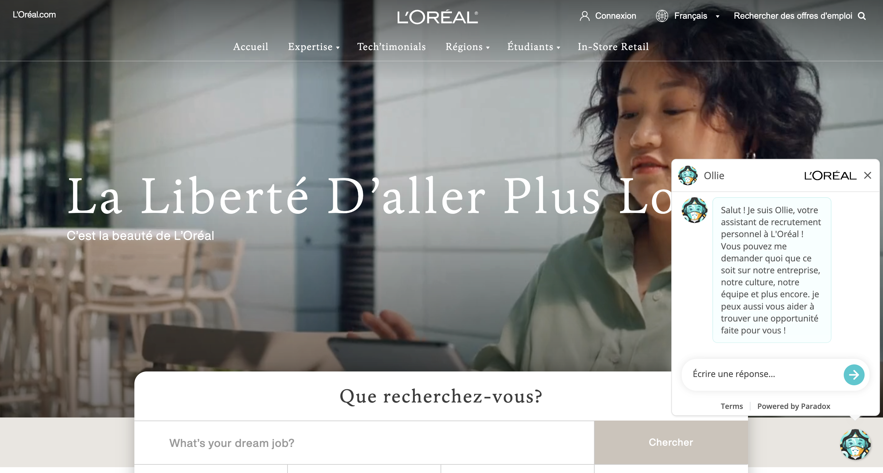 Interface du site carrière de L'Oréal