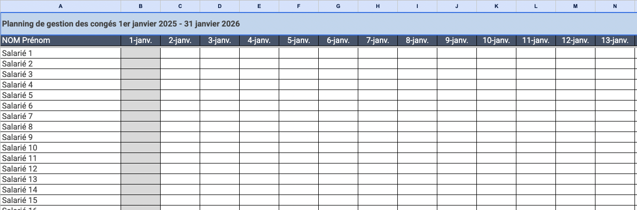 Modèle de planning congés sur Excel 2025