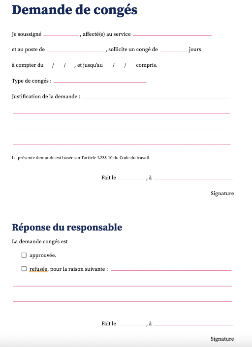 Modèle de formulaire de demande de congés Word ou PDF