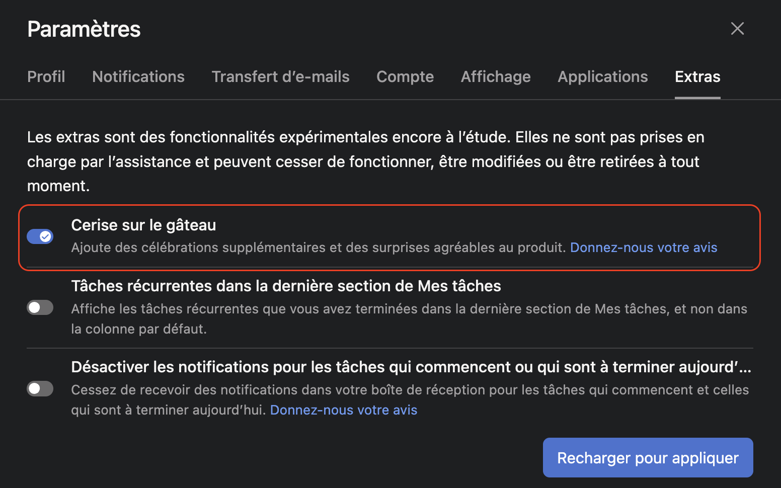 asana interface paramètres extra