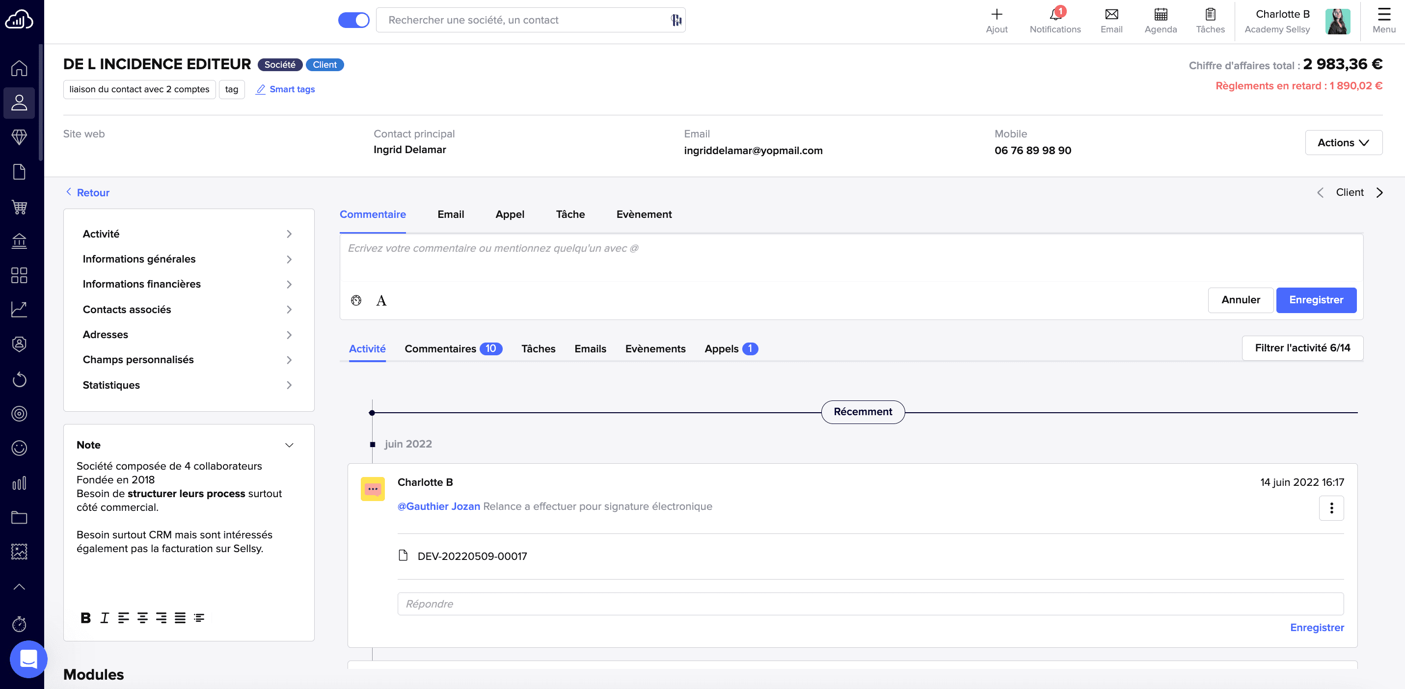 sellsy aperçu fiche prospect historique