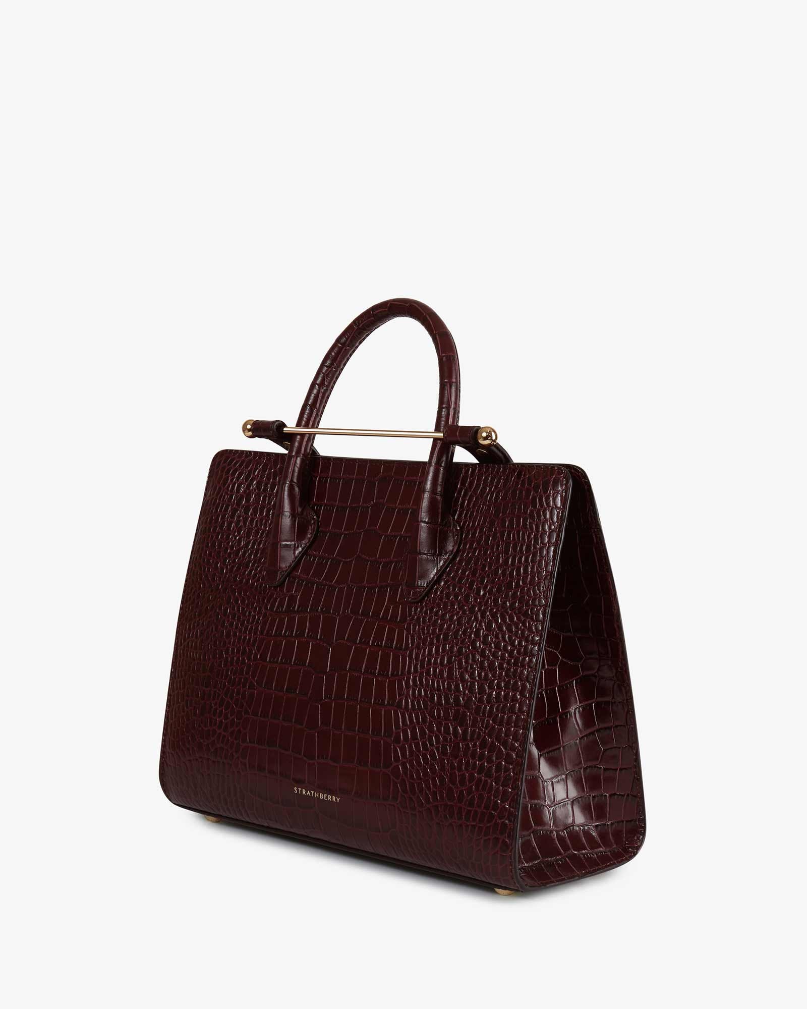 The ストラスベリー Midi Tote - トップハンドルレザートート - バーガンディ / ネイビー / クリーム