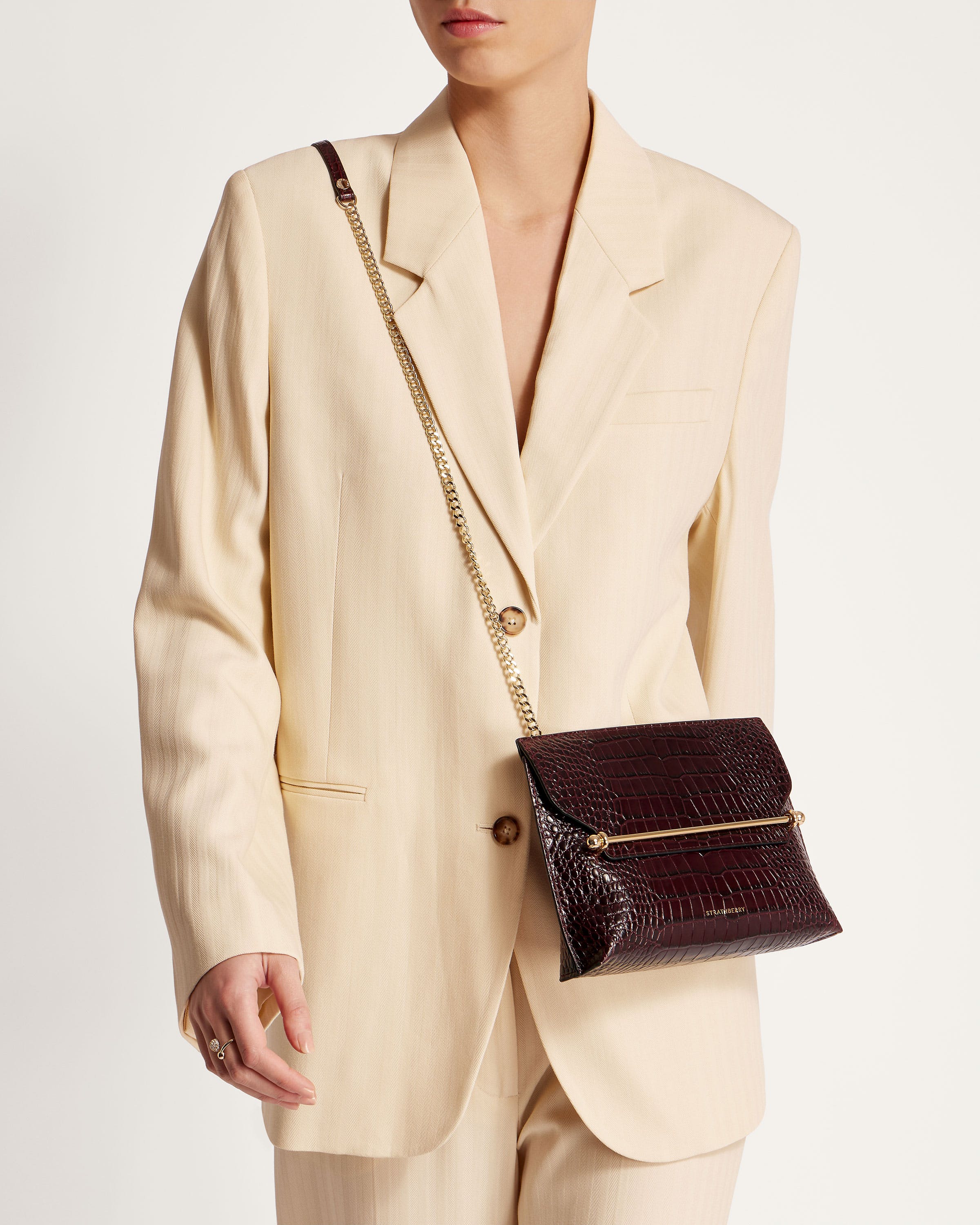 大人気【STRATHBERRY】STYLIST スタイリスト クロコ Strathberry - Stylist - Crossbody Leather Clutch - Tan