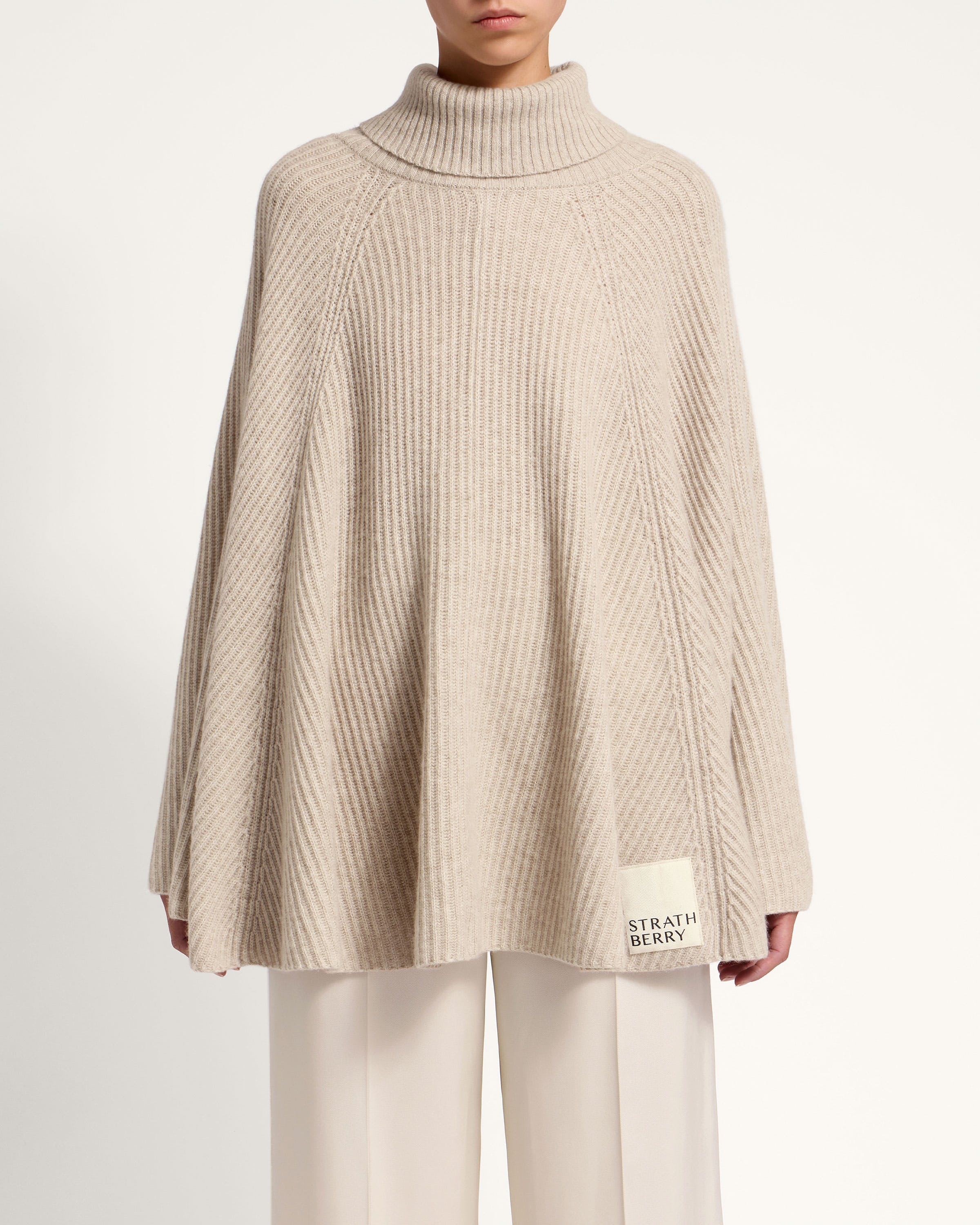 Strathberry - Cashmere Wool Ribbed Poncho - Natural