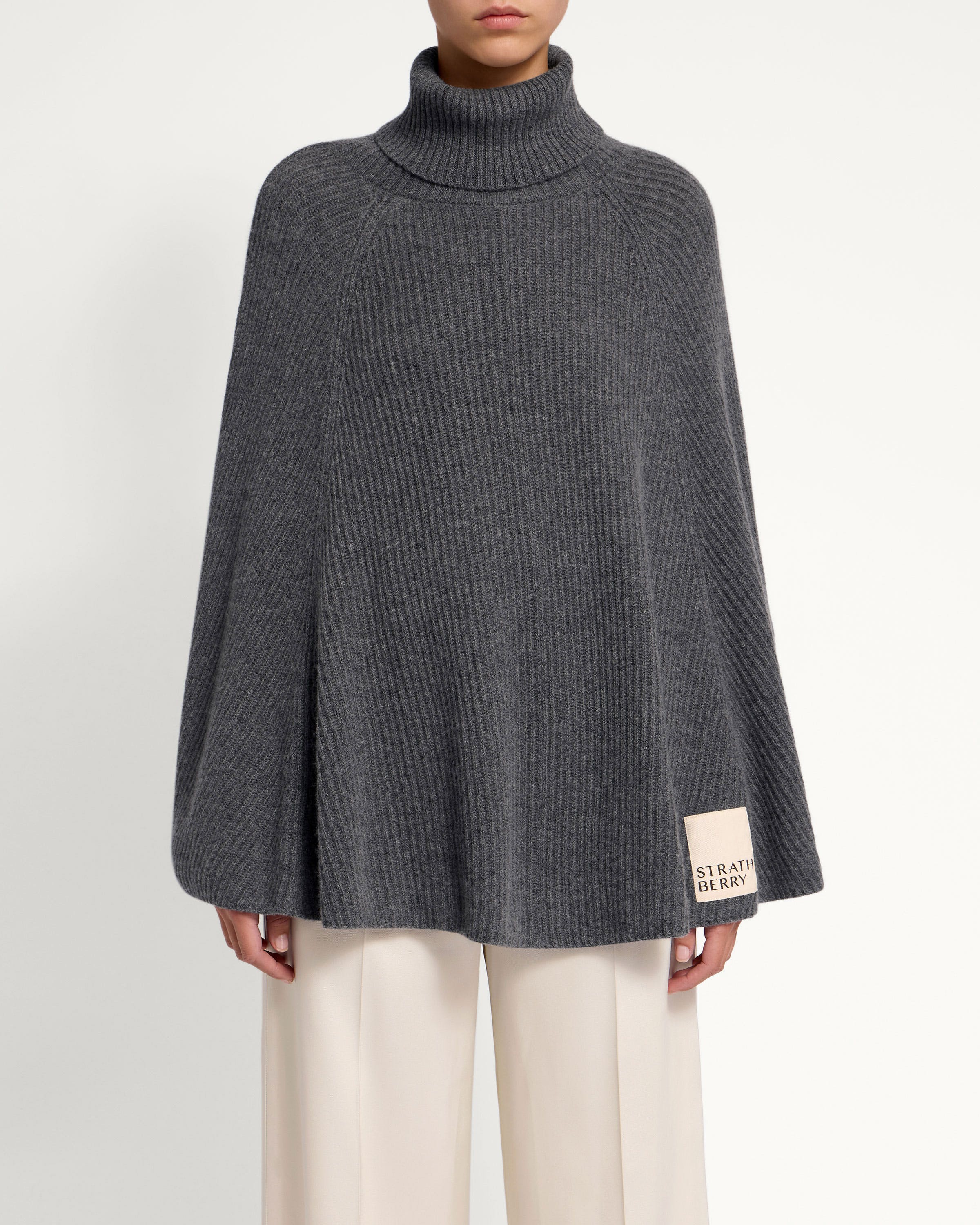 Strathberry - Cashmere Wool Ribbed Poncho - Grey