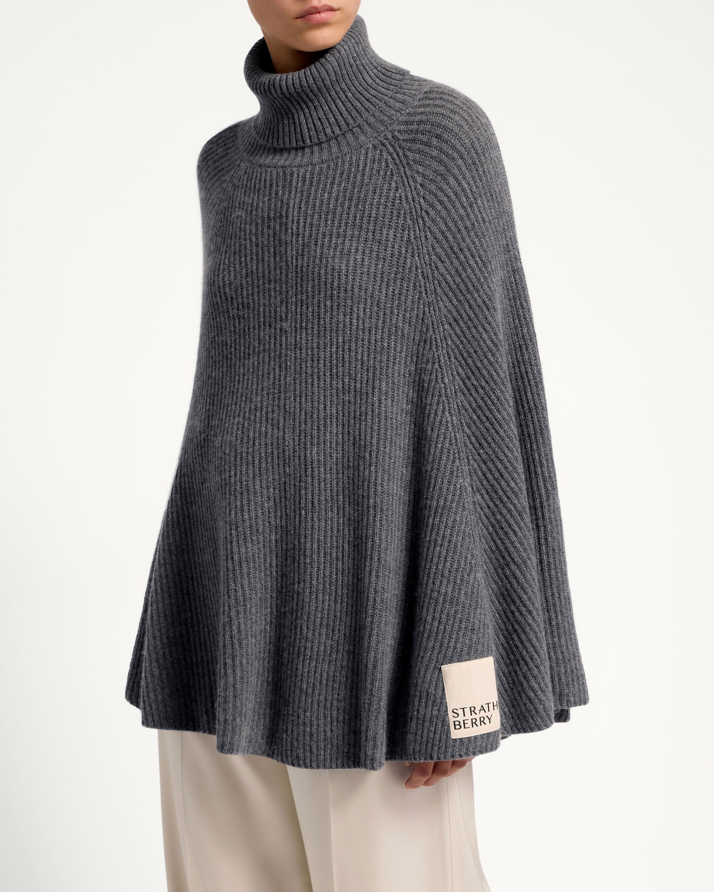 Strathberry - Cashmere Wool Ribbed Poncho - Grey