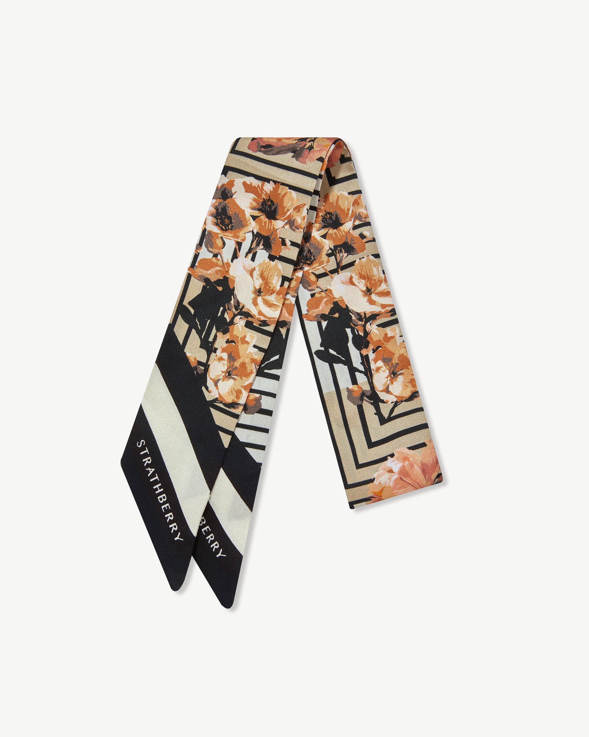 RESTOCKED Black, white, and orange Silky Neck Scarf Long Charmeuse Silk Scarf Orange and Black Links Print  main image 2