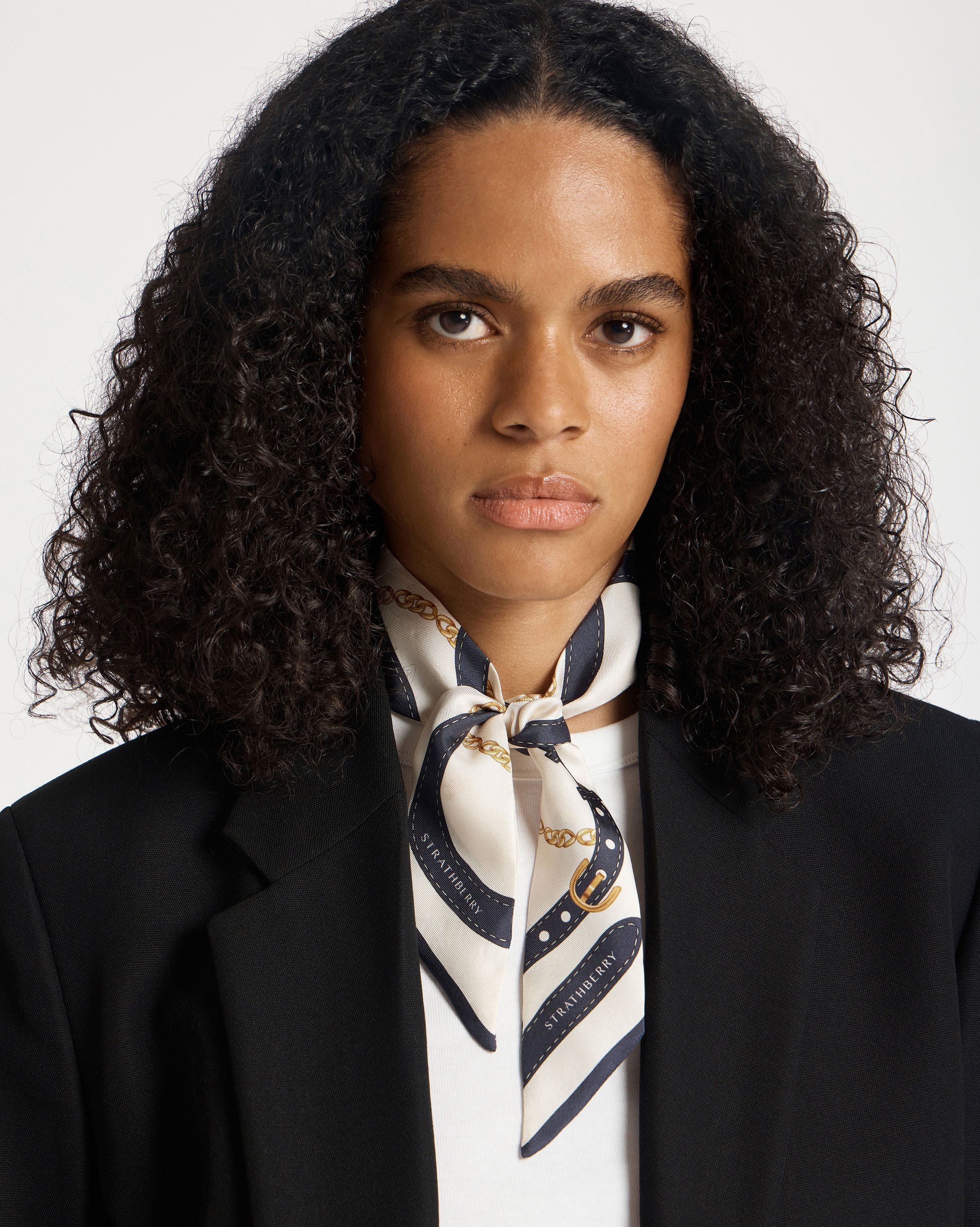 Silk Skinny Scarf - Navy/Vanilla Belt Print | Strathberry