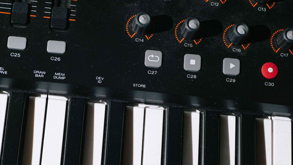A close-up of a MIDI keyboard that you will find inside our Los Angeles music studios