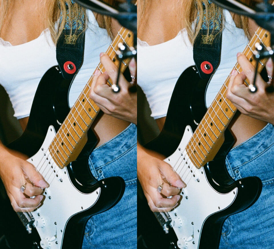 Double photo of guitarist in a Pirate studio
