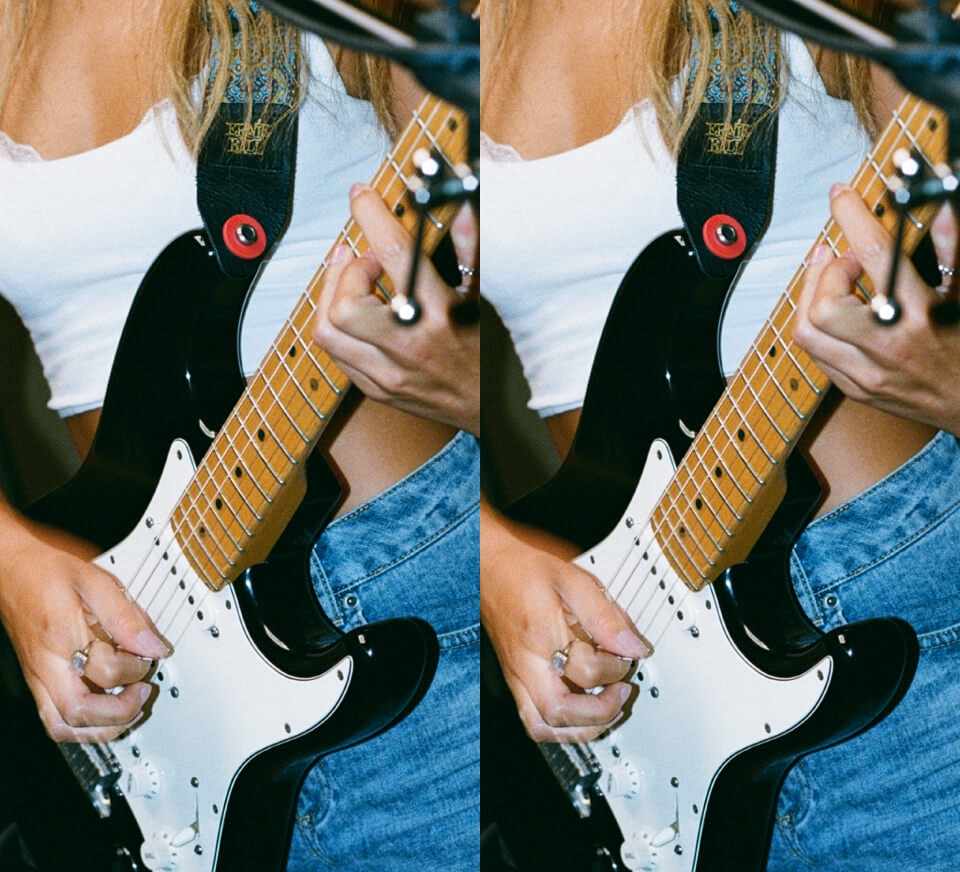 Double photo of Guitarist rehearsing in a Pirate sutdio