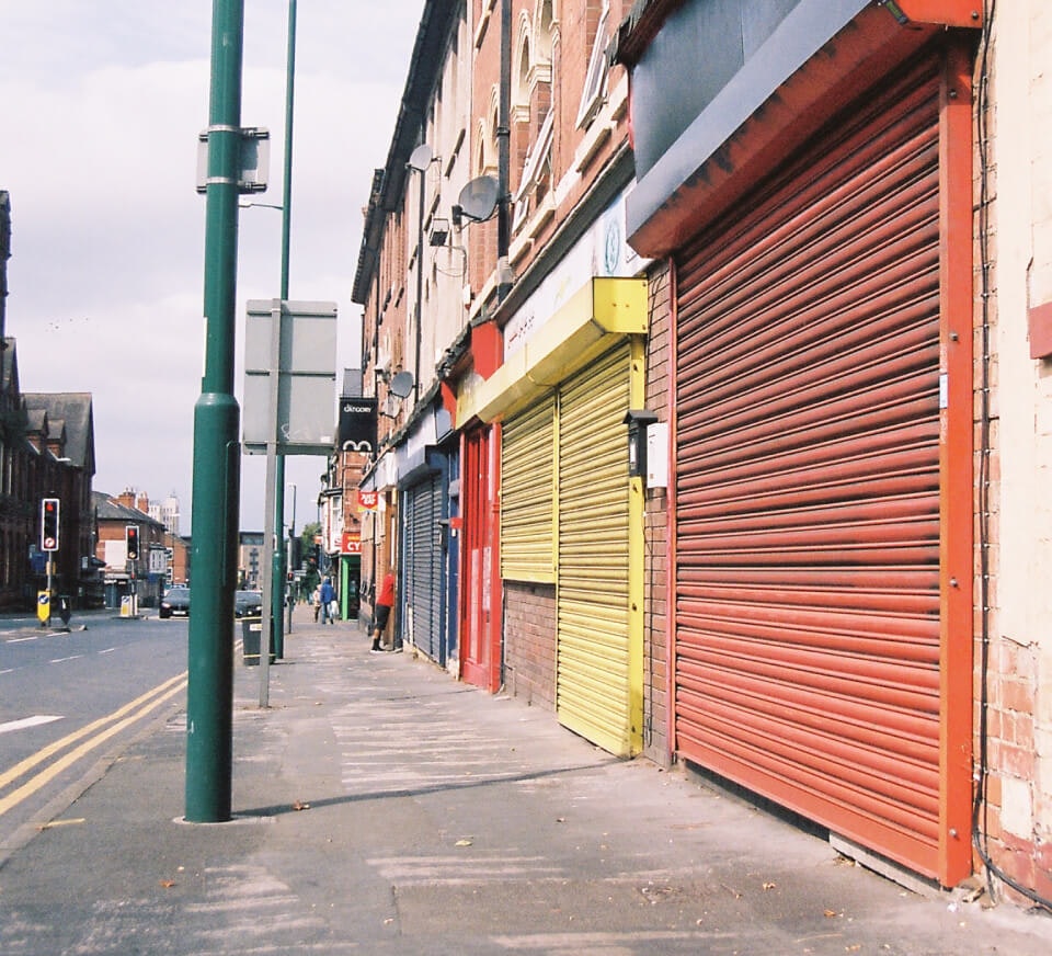 A road-side shot of a high street close to Pirate Studios Nottingham