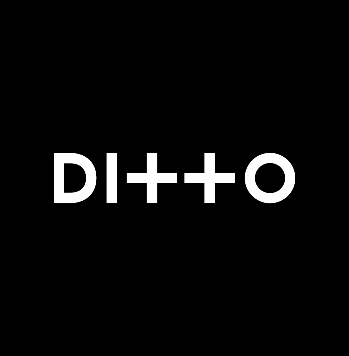 White ditto logo on a black background