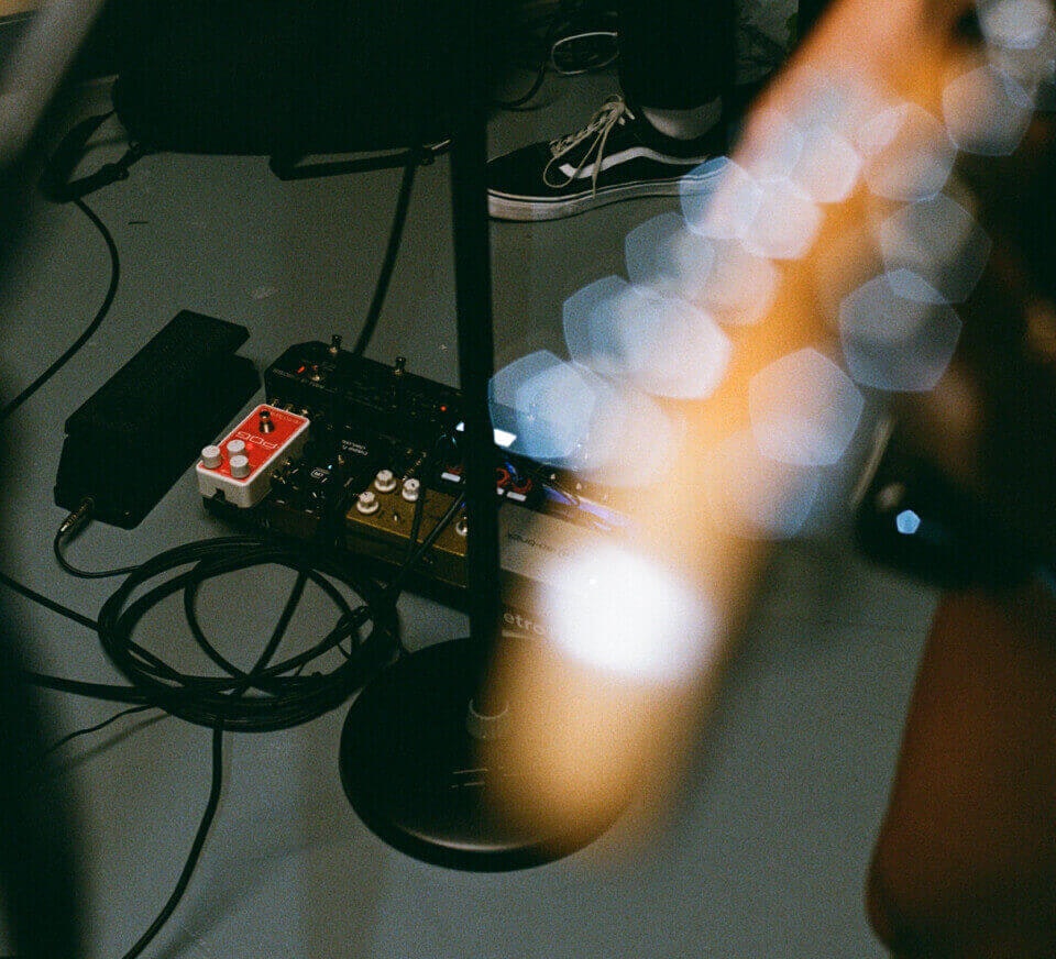 Artistic photo of uitar pedals in a Pirate studio