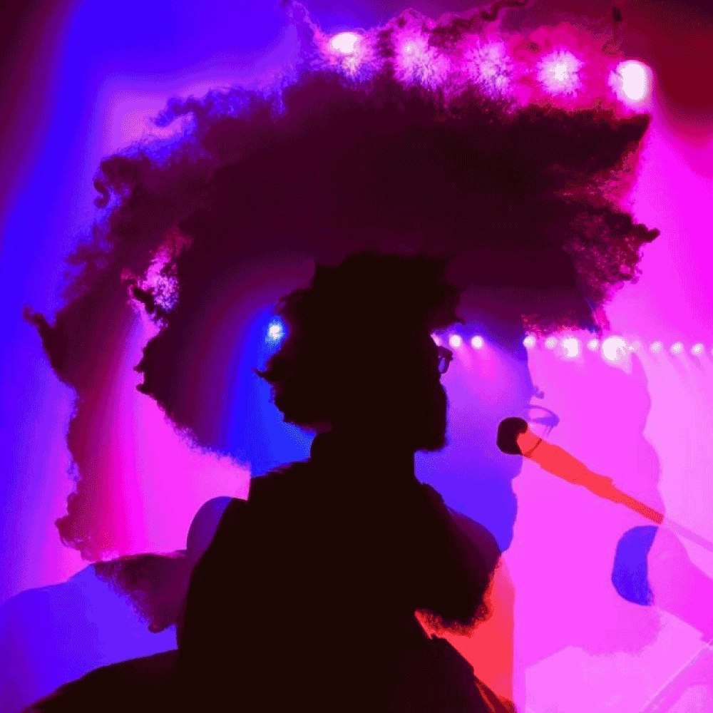 This image may contain: purple, lighting, person, light, club, electrical device, microphone