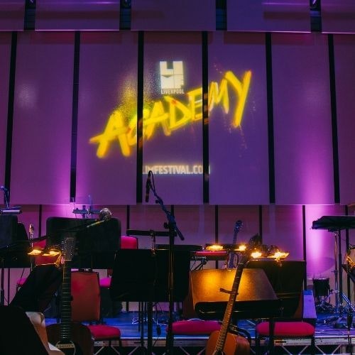 This image may contain: lighting, stage, purple, concert, person, guitar, microphone, chair, adult, woman