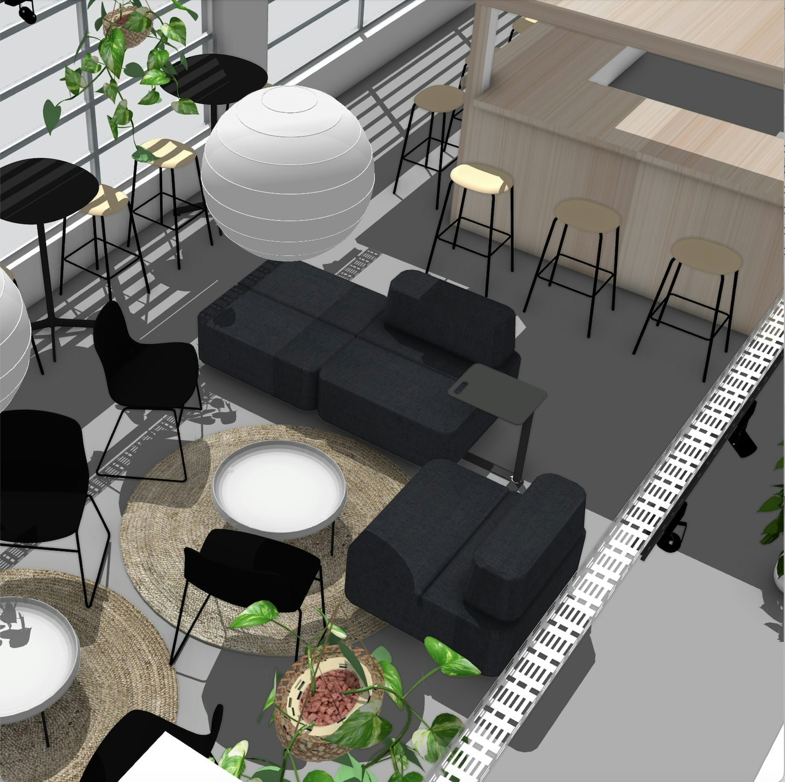 Render of bar and events space at Pirate Studios Brixton