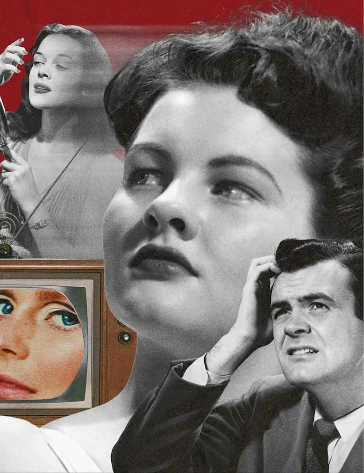 Magazine collage of celebrity figures between the 1940's and 1970's, man scratching head in forefront, women looking left in the middle, woman doing makeup in the background, and a color TV of a women looking forward.