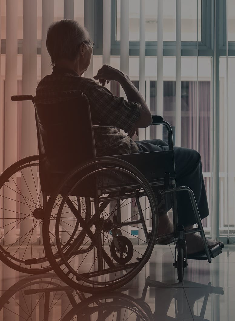 Old woman in a wheelchair facing the window