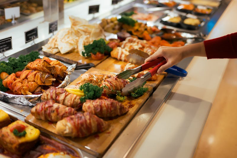 food in a buffet line