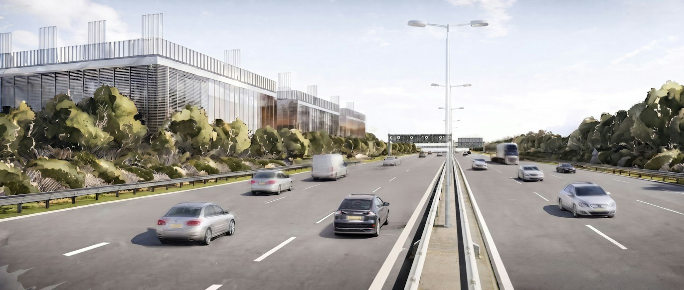 An illustrative impression of proposed data centre buildings, looking east along the M40.