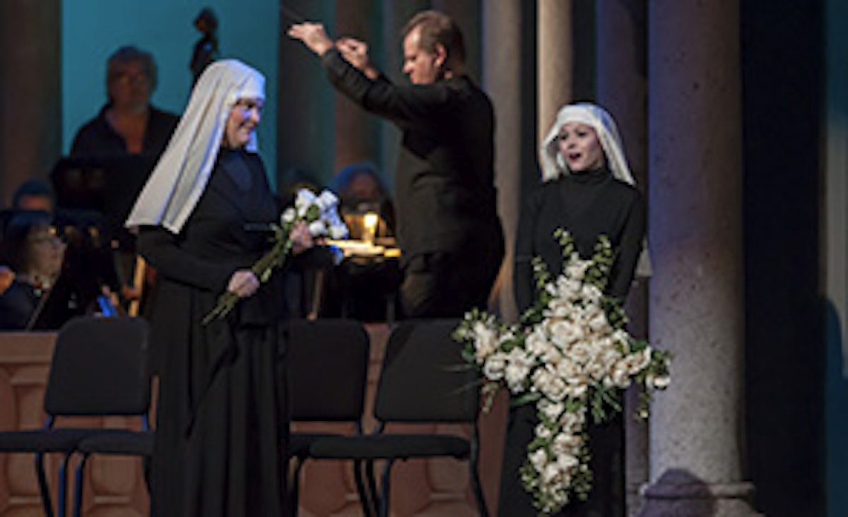 Jennifer Check, soprano, and Alisa Jordheim, soprano, in Dialogues des CarmÈlites by Francis Poulenc, in the Venetian Theater at Caramoor in Katonah New York on July 23, 2015. (photo by Gabe Palacio)