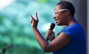Cécile McLorin Salvant performs in the Venetian Theater at Caramoor in Katonah New York on July 18, 2015. (photo by Gabe Palacio)