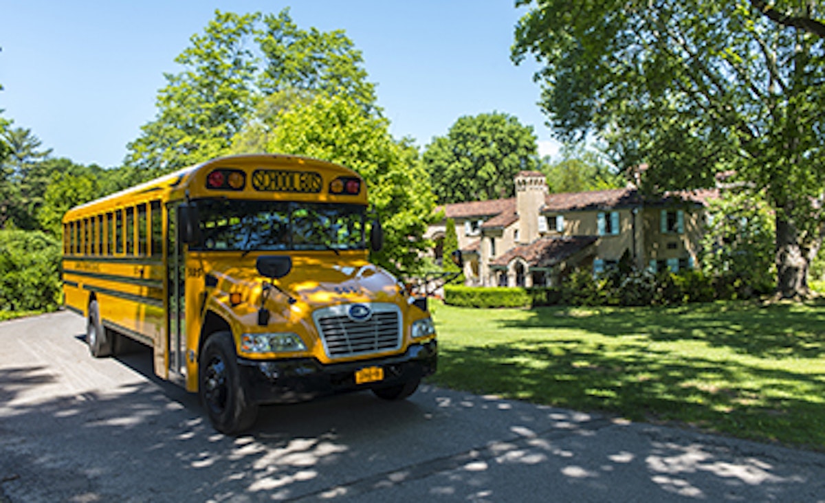 School bus in front of Rosen House at Caramoor in Katonah New York on June 6, 2016. (photo by Gabe Palacio)