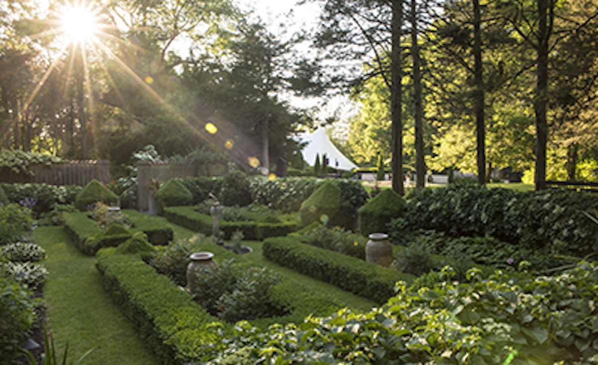 Betsey Biggs installation in the Sunken Gardens at opening for In the Garden of Sonic Delights at Caramoor in Katonah New York on June 7, 2014. (photo by Gabe Palacio)