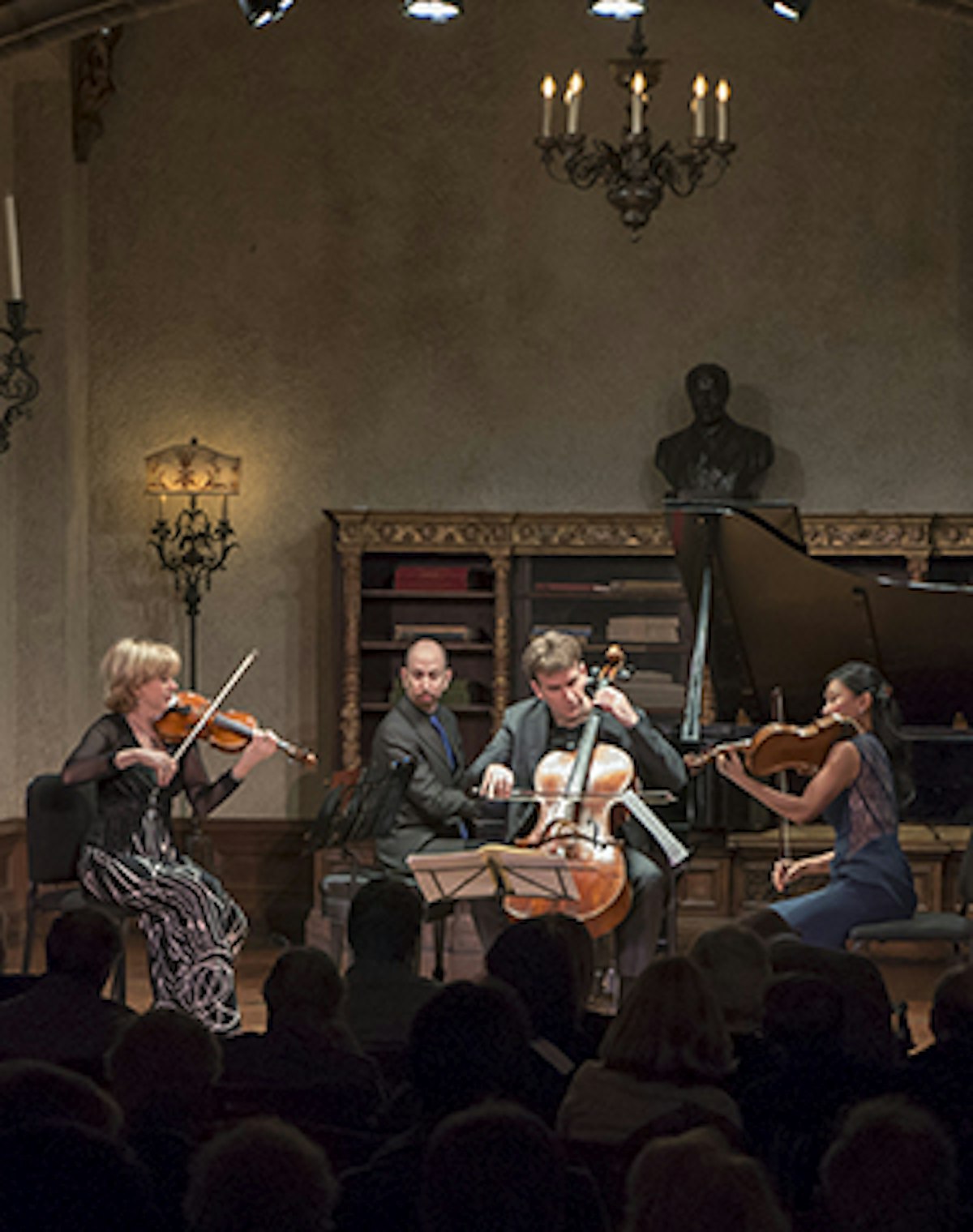 Edward Arron and Friends with Adam Neiman, piano, Maria Bachmann, violin, Hsin-Yun Huang, viola, Edward Arron, cello, perform in the Music Room of the Rosen House at Caramoor in Katonah New York on April 9, 2016. (photo by Gabe Palacio)