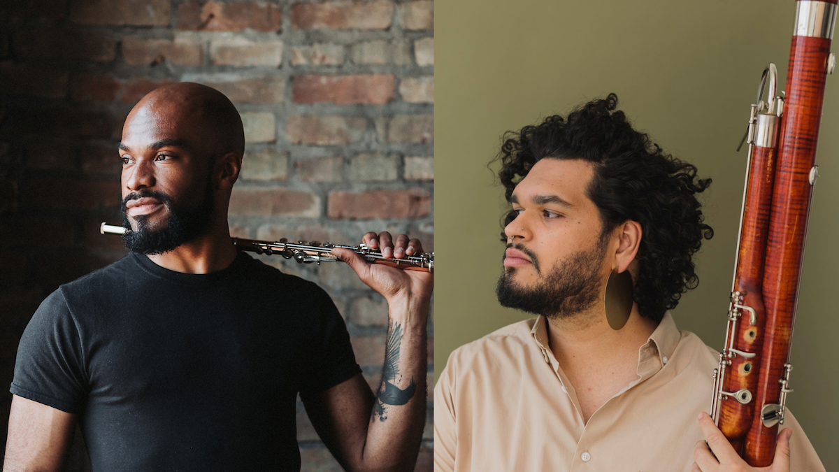 A side by side photo of a man holding a flute over his shoulder and a man holding a bassoon in his hand.