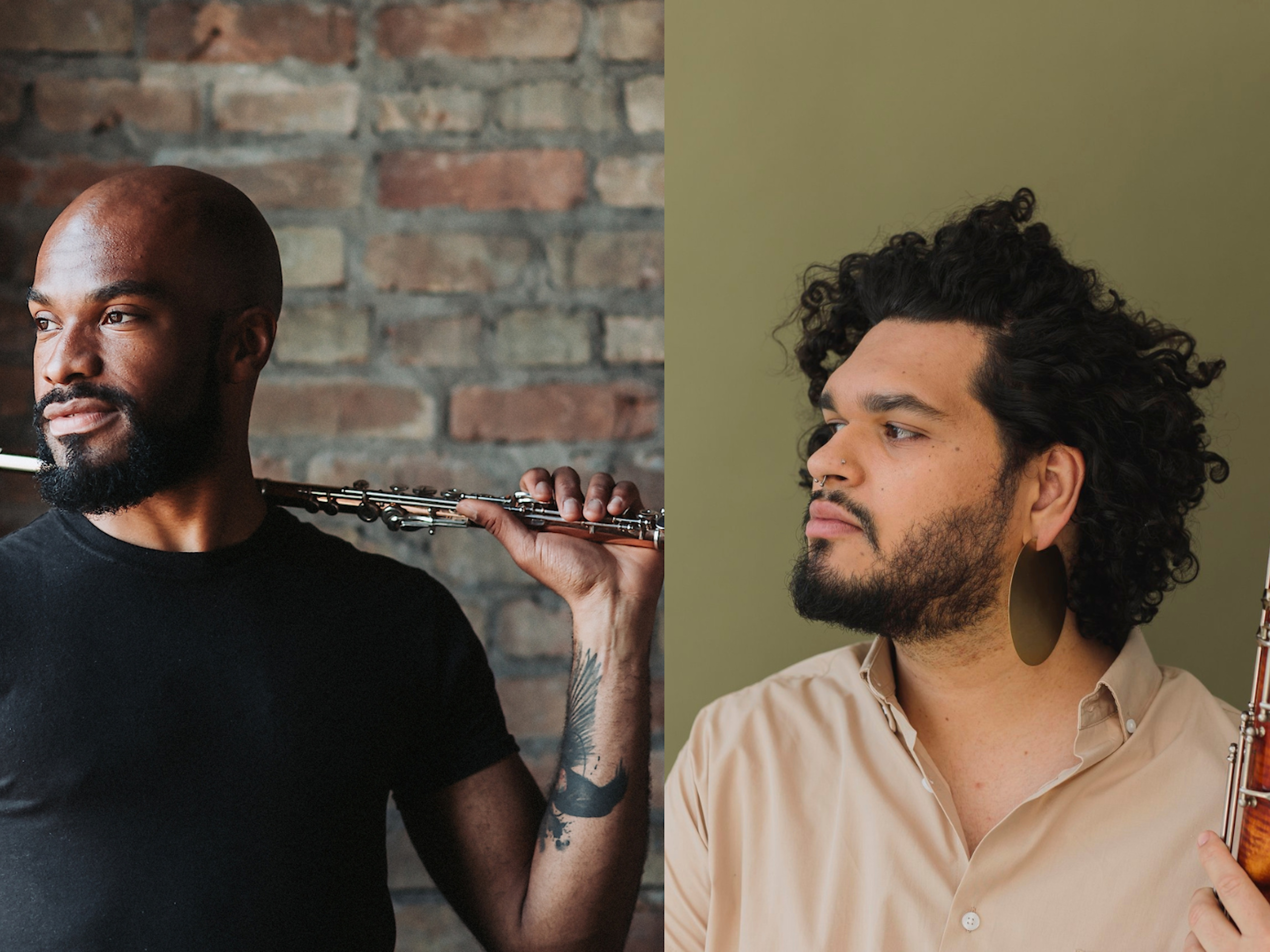 A side by side photo of a man holding a flute over his shoulder and a man holding a bassoon in his hand.