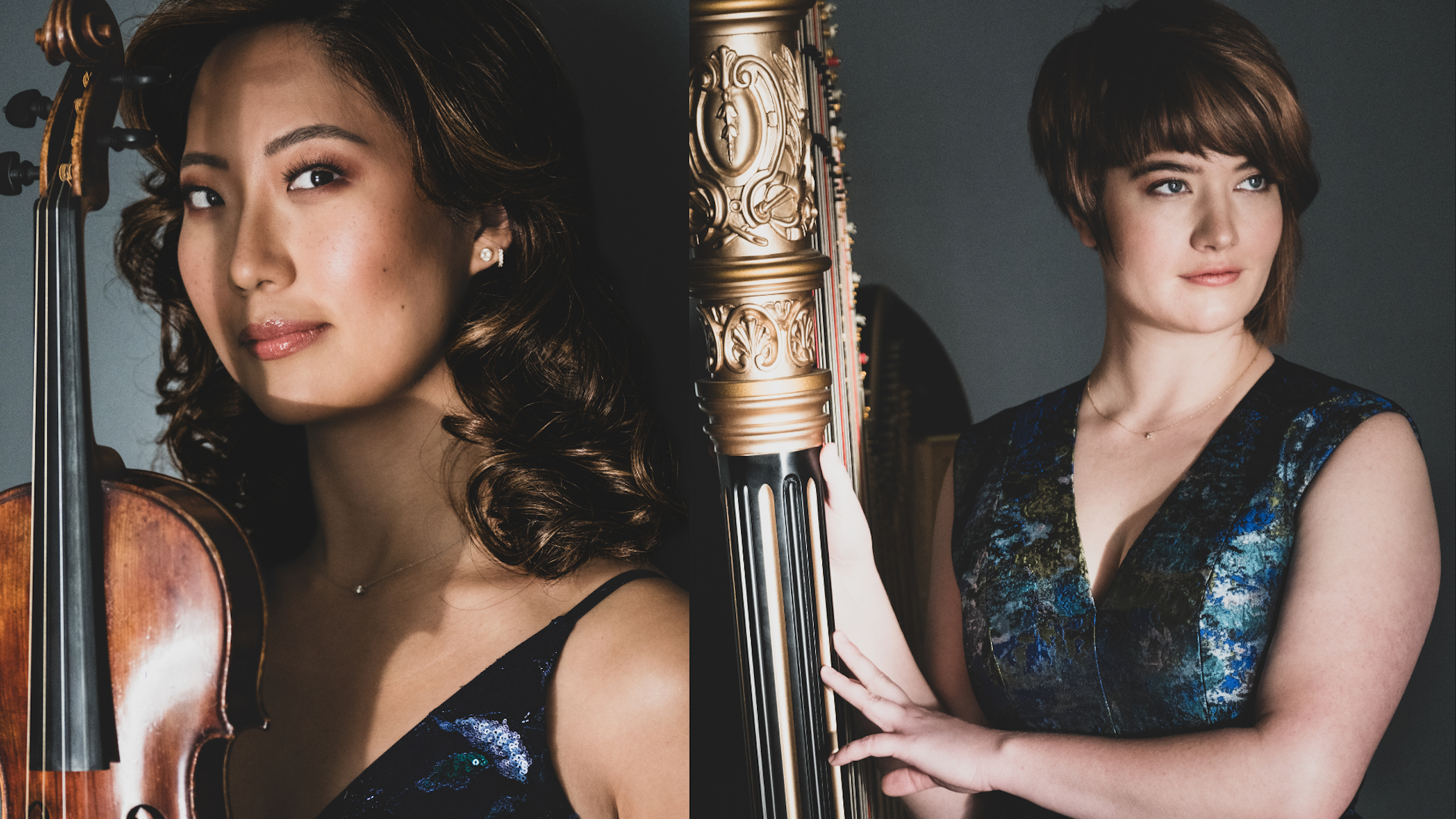 A side by side photo of Julia Choi holding a voilin and Emily Levin holding a harp.