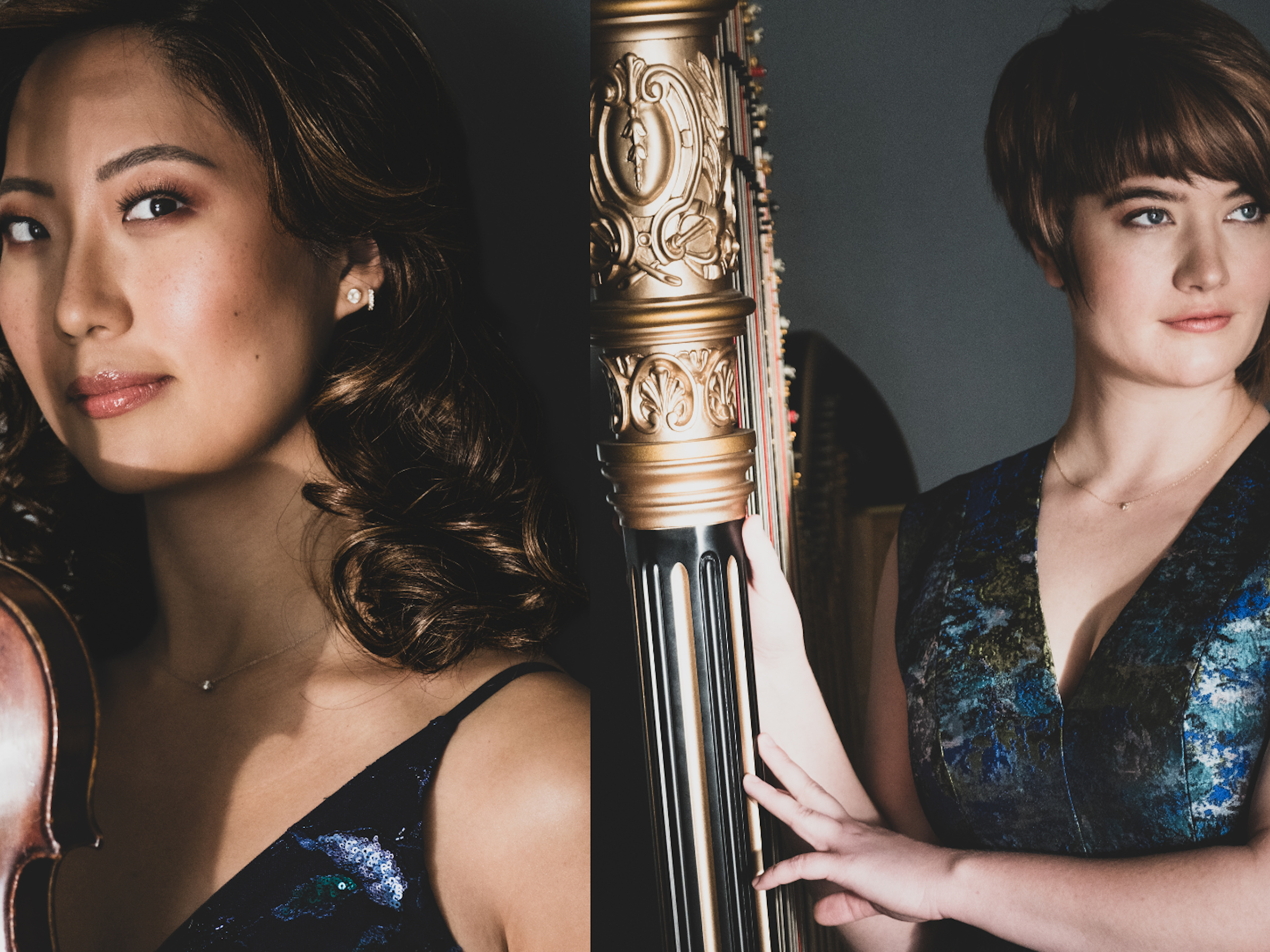 A side by side photo of Julia Choi holding a voilin and Emily Levin holding a harp.