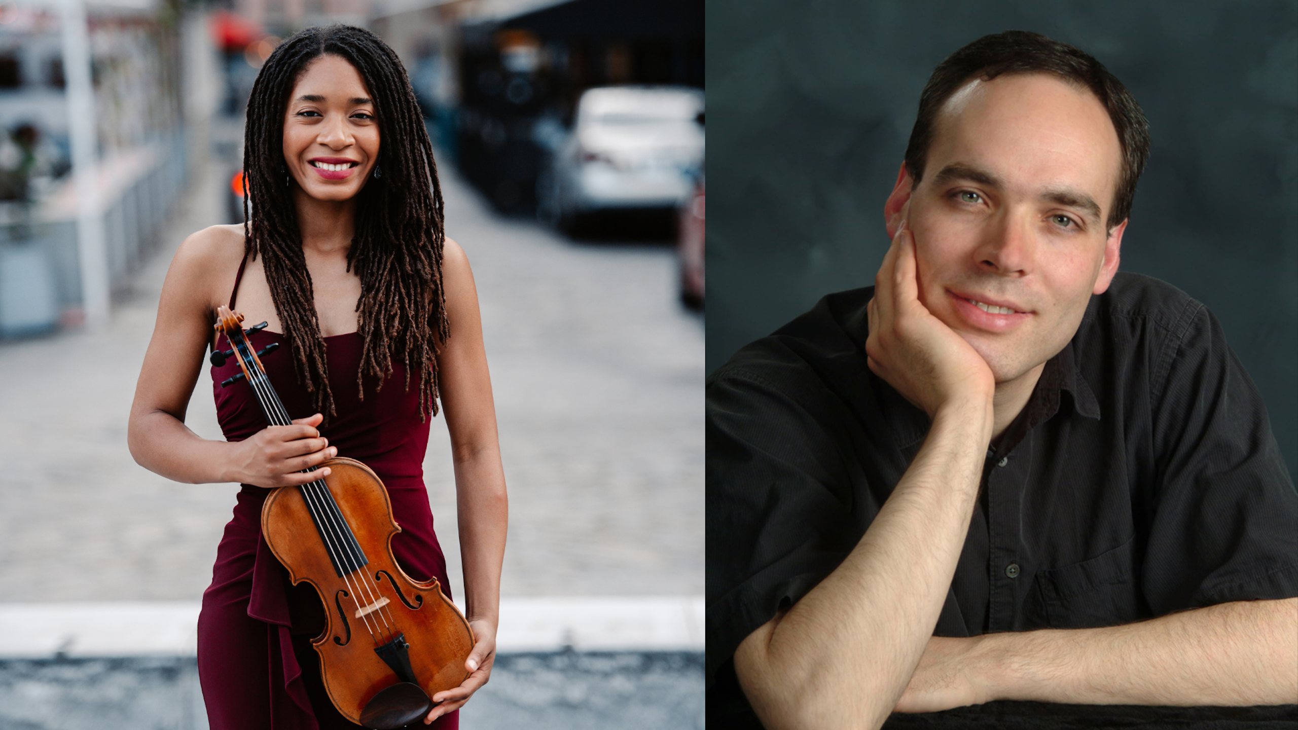 A side by side of a woman holding a violin and a man leaning forward with his chin resting in his hand.