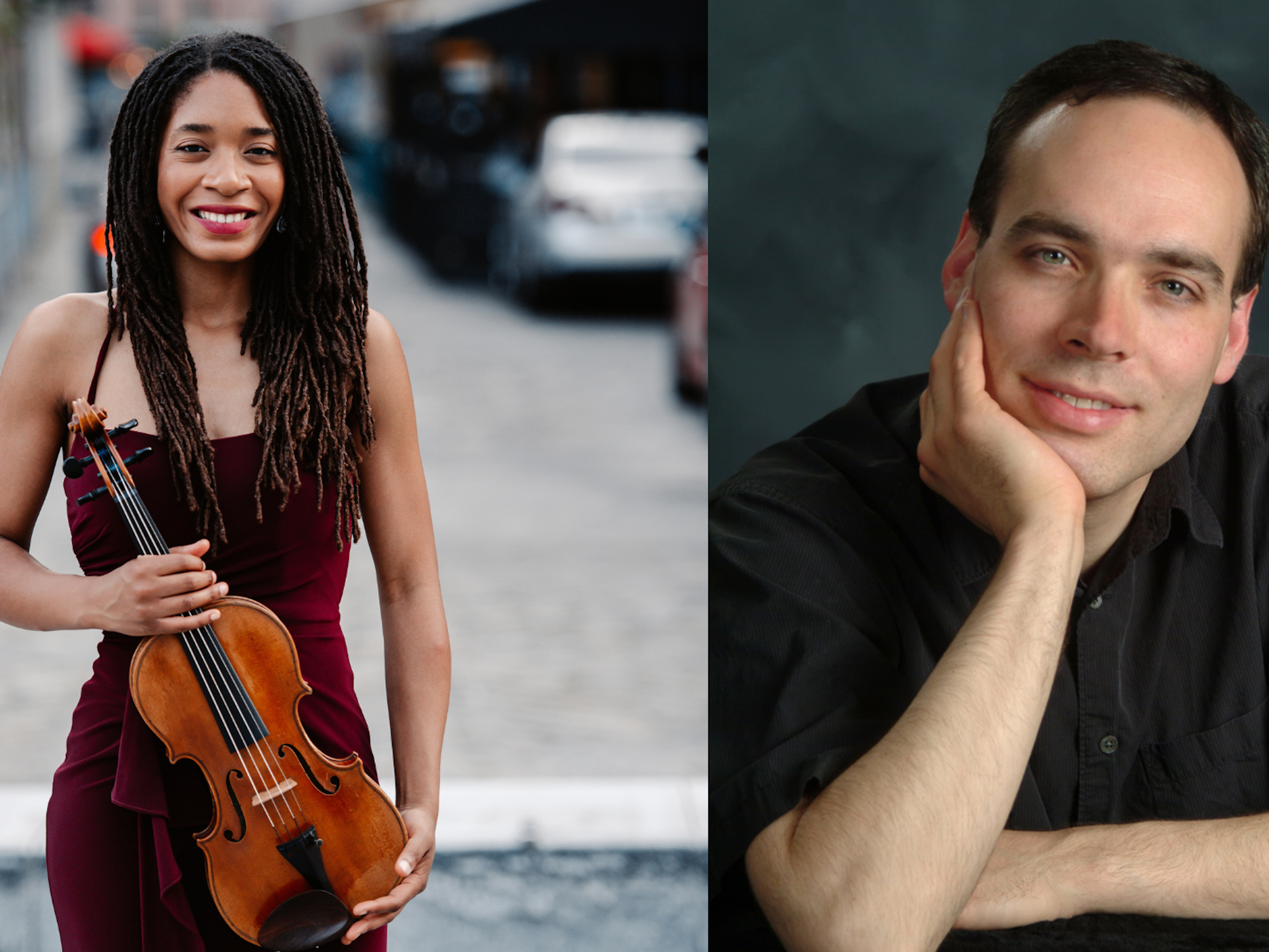 A side by side of a woman holding a violin and a man leaning forward with his chin resting in his hand.